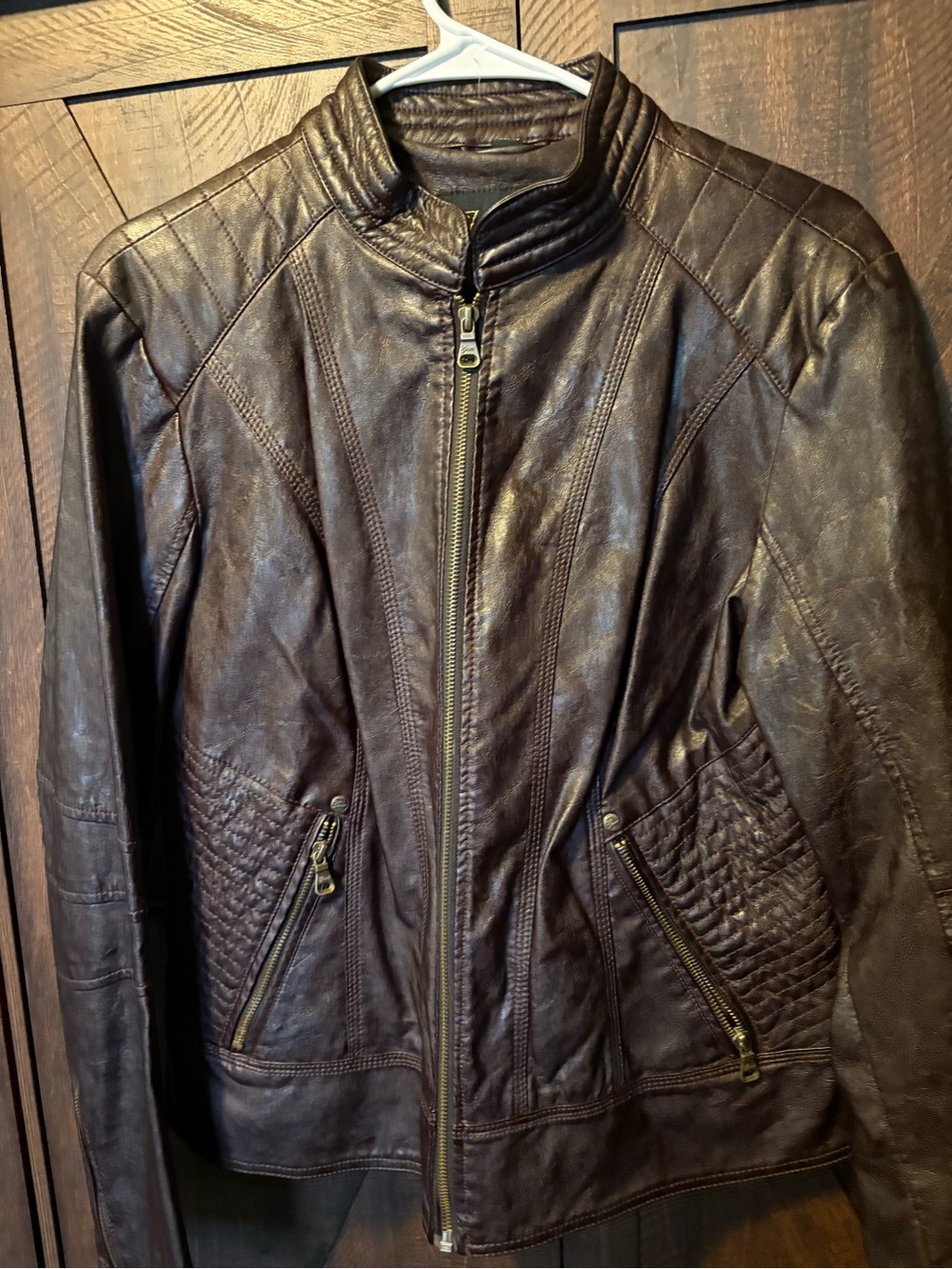 Guess Women’s Dark Brown/purplish Leather Bomber Jacket